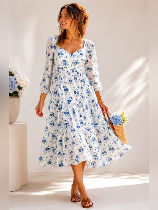 Sweet Baby Jamie Dresses & Skirts - Sweet Baby Jamie Blue Floral Tiered Midi Dress Cottagecore Prairie Size L